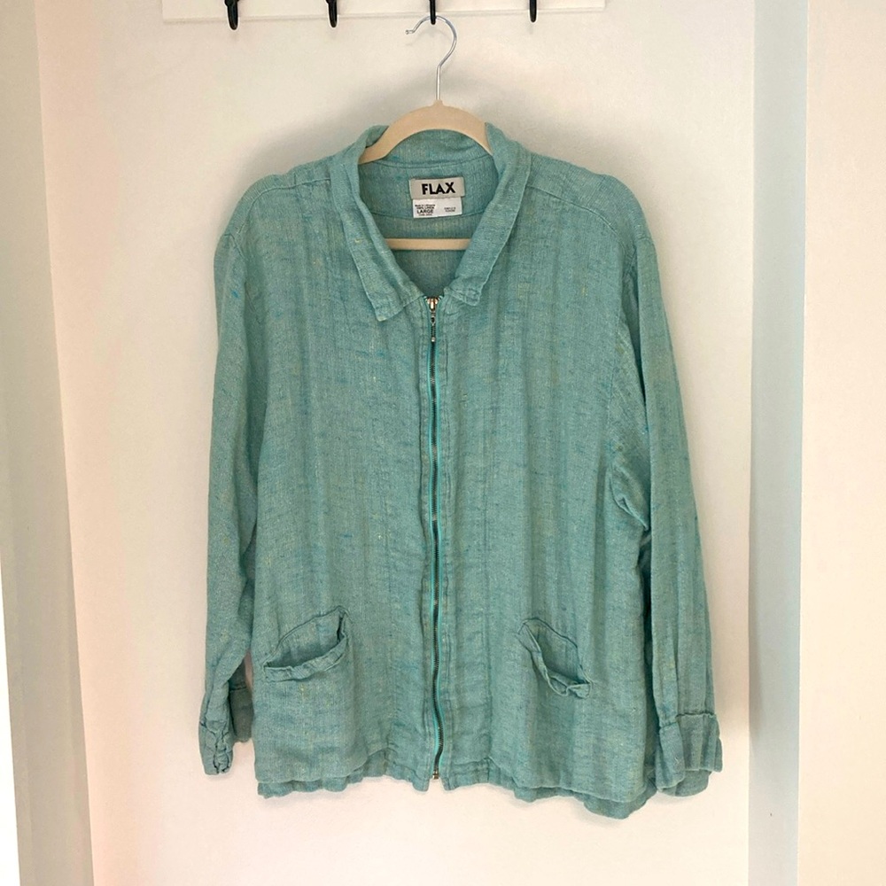Flax linen zip-front summer jacket in turquoise, sz L